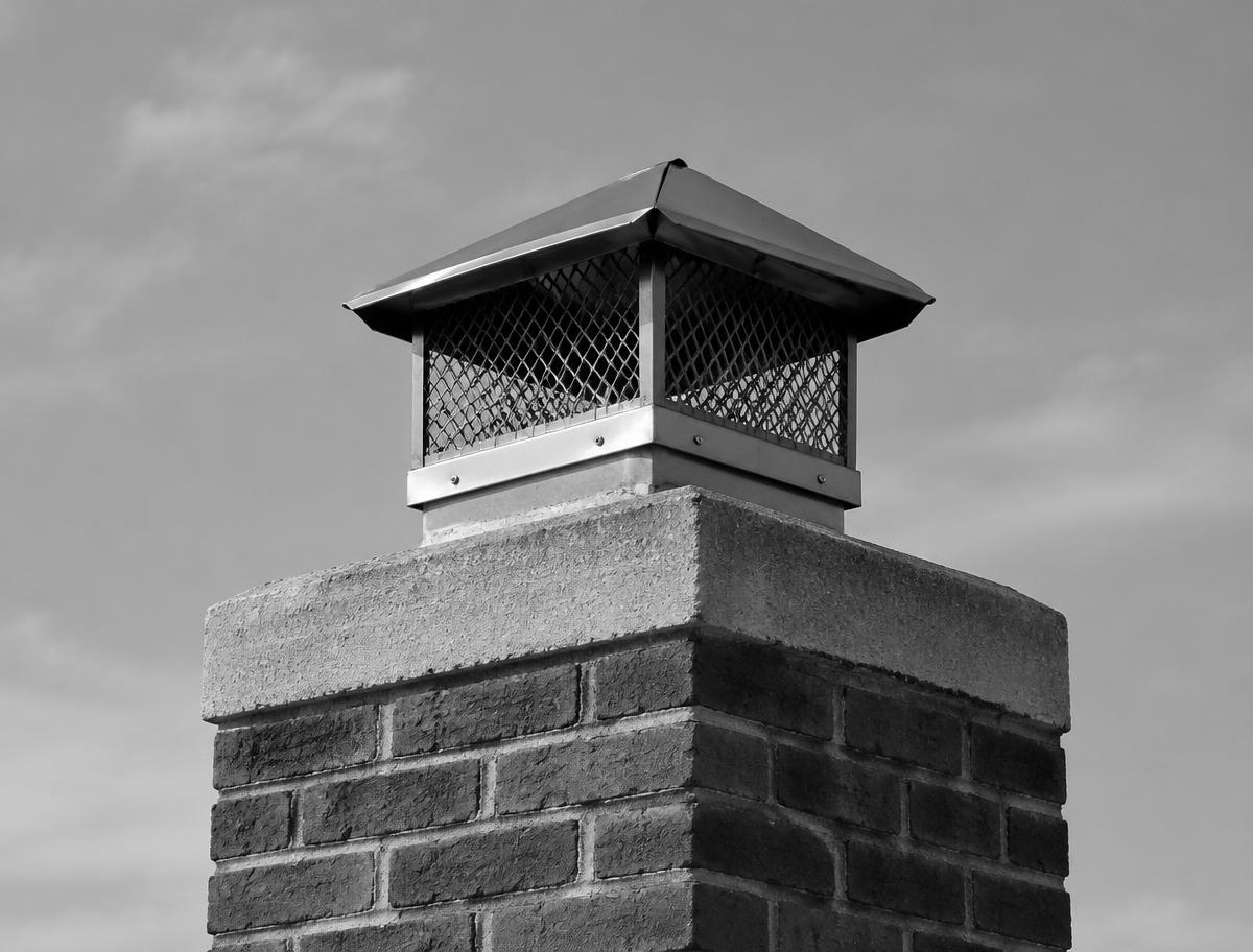 Metal chimney cap on a concrete crown